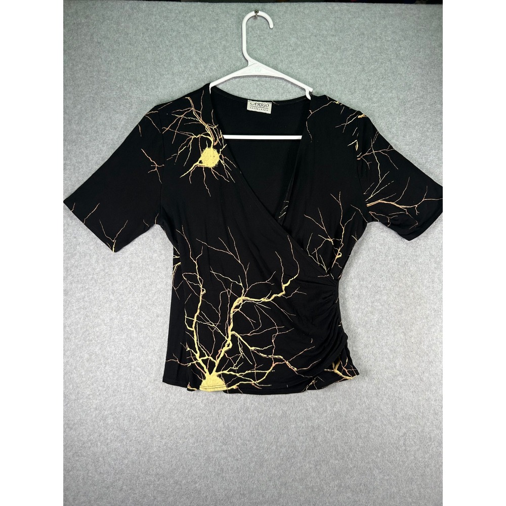 Arigo Collection Black Gold Whimsygoth Abstract Print Ruched Surplice Wrap Top S